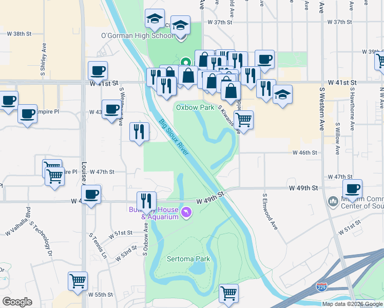 map of restaurants, bars, coffee shops, grocery stores, and more near in Sioux Falls