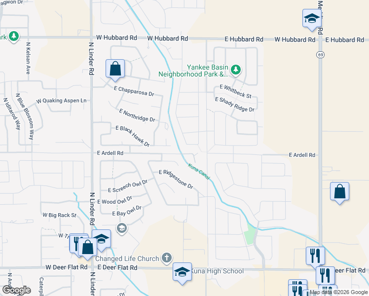 map of restaurants, bars, coffee shops, grocery stores, and more near 701 East Brush Creek Street in Kuna