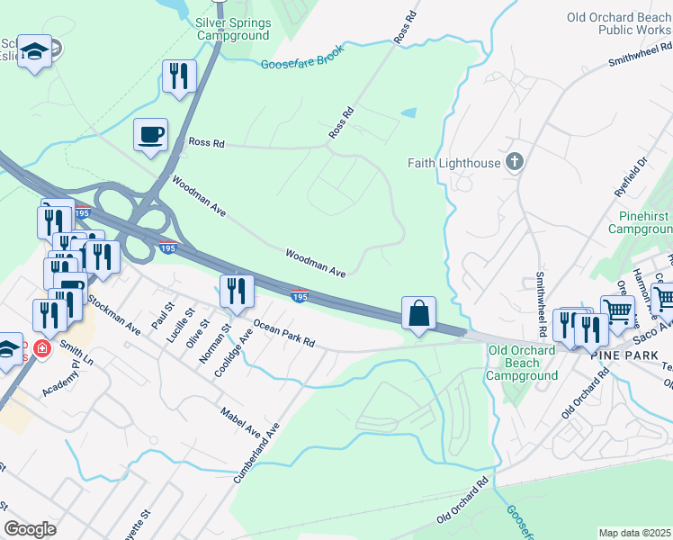 map of restaurants, bars, coffee shops, grocery stores, and more near 50 Woodman Avenue in Saco