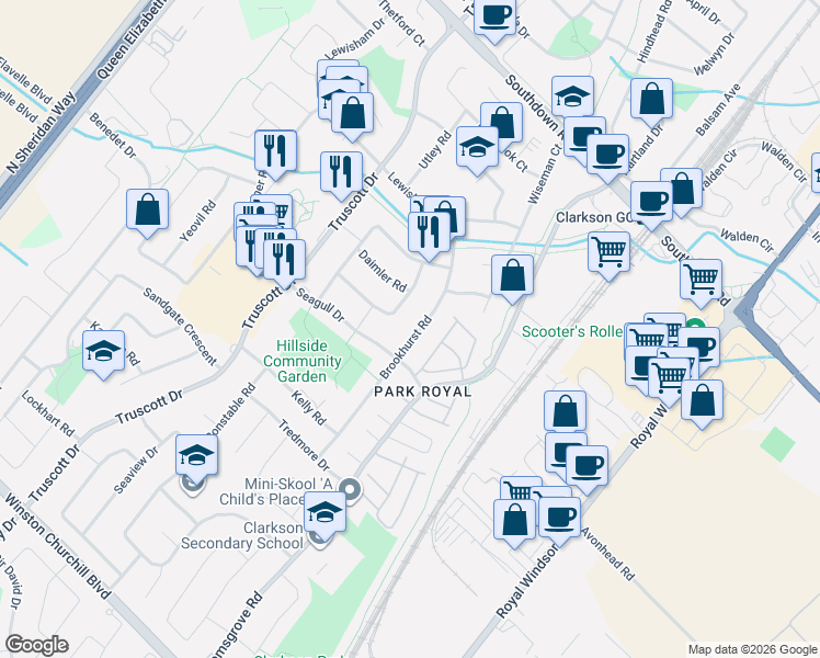 map of restaurants, bars, coffee shops, grocery stores, and more near 2355 Brookhurst Road in Mississauga