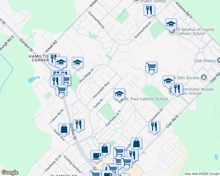 map of restaurants, bars, coffee shops, grocery stores, and more near 242 Farley Drive in Guelph