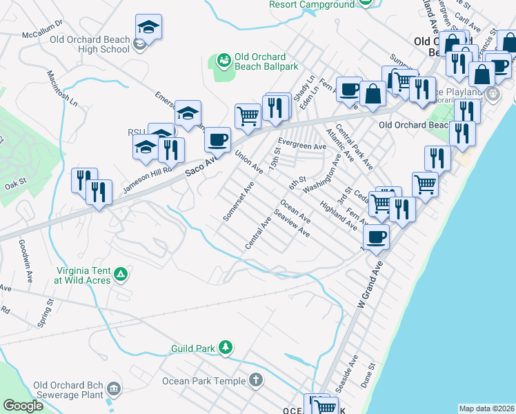 map of restaurants, bars, coffee shops, grocery stores, and more near 74 Park Avenue in Old Orchard Beach
