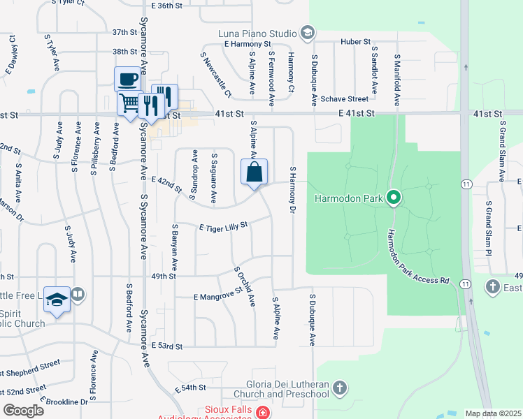 map of restaurants, bars, coffee shops, grocery stores, and more near 3505 S Alpine Ave in Sioux Falls