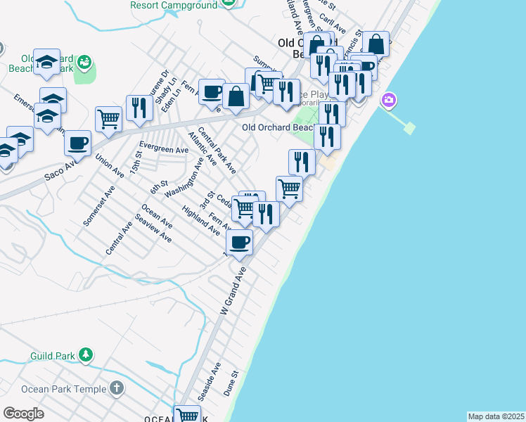 map of restaurants, bars, coffee shops, grocery stores, and more near 5 Central Park Avenue in Old Orchard Beach