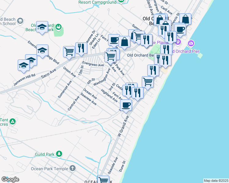 map of restaurants, bars, coffee shops, grocery stores, and more near 32 Fern Avenue in Old Orchard Beach