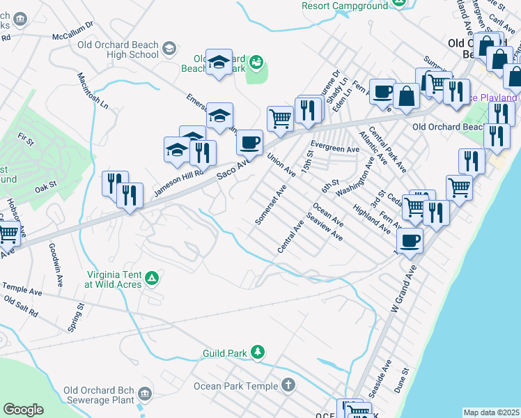 map of restaurants, bars, coffee shops, grocery stores, and more near 37 Lake Avenue in Old Orchard Beach