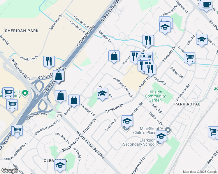 map of restaurants, bars, coffee shops, grocery stores, and more near 2588 Lundigan Drive in Mississauga