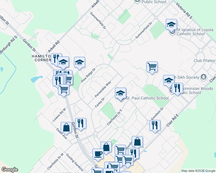 map of restaurants, bars, coffee shops, grocery stores, and more near 65 Periwinkle Way in Guelph
