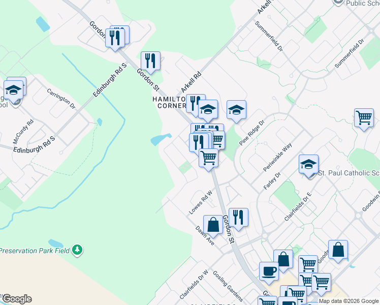 map of restaurants, bars, coffee shops, grocery stores, and more near 30 Vaughan Street in Guelph