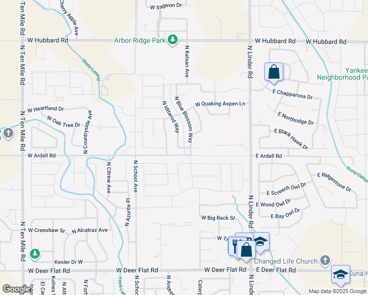 map of restaurants, bars, coffee shops, grocery stores, and more near 731 West Allspice Street in Kuna