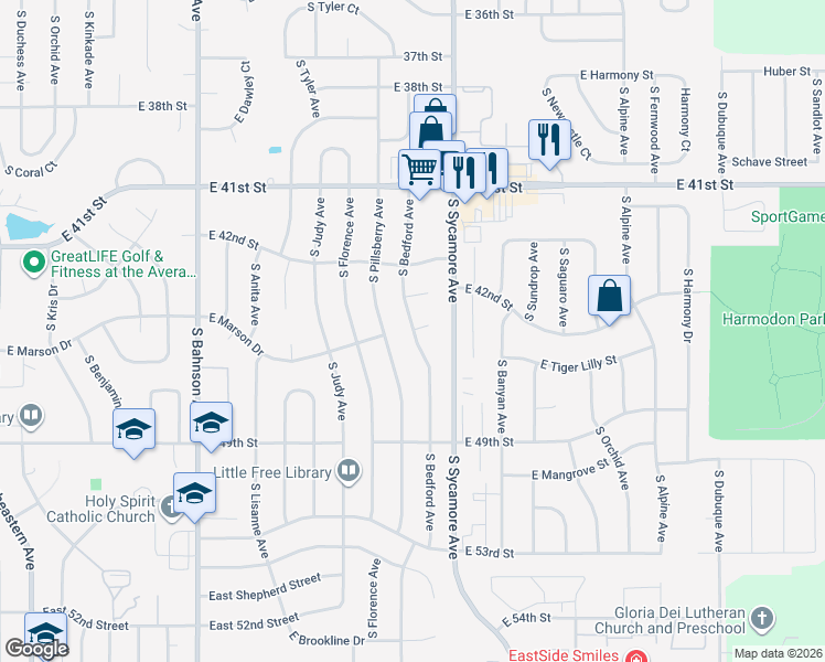 map of restaurants, bars, coffee shops, grocery stores, and more near South Pillsberry Avenue in Sioux Falls
