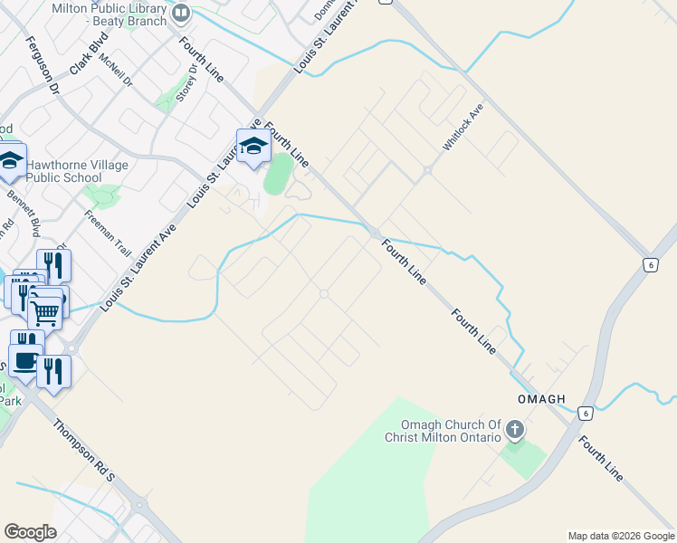 map of restaurants, bars, coffee shops, grocery stores, and more near 1334 Fourth Line in Milton