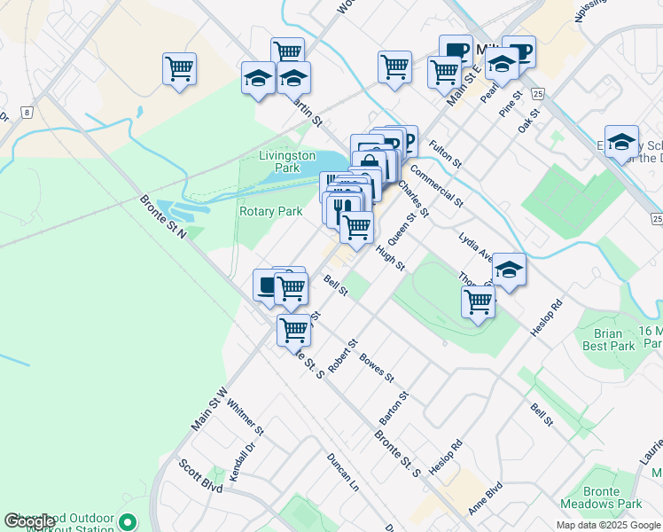 map of restaurants, bars, coffee shops, grocery stores, and more near 102 Main Street East in Milton