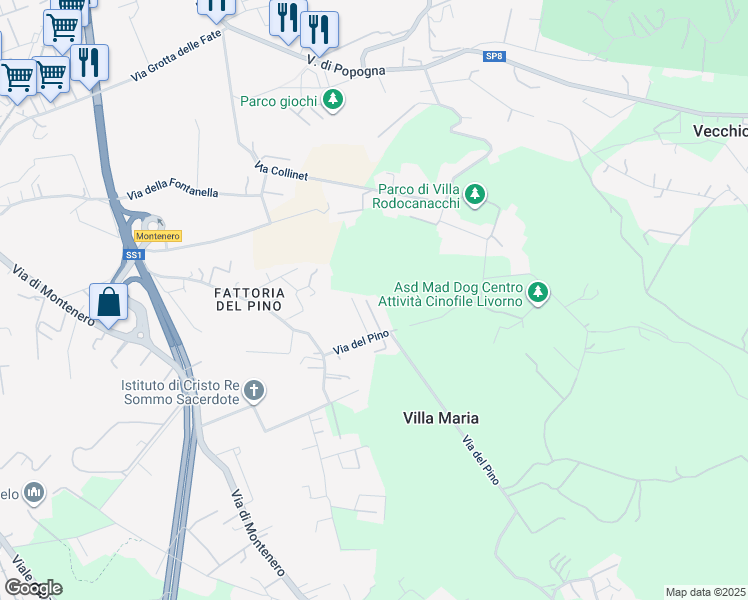 map of restaurants, bars, coffee shops, grocery stores, and more near 101 Via del Pino in Livorno