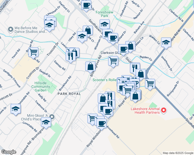 map of restaurants, bars, coffee shops, grocery stores, and more near 2200 Bromsgrove Road in Mississauga
