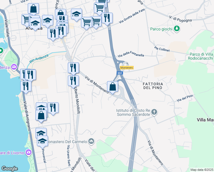 map of restaurants, bars, coffee shops, grocery stores, and more near 25 Via di Montenero in Livorno