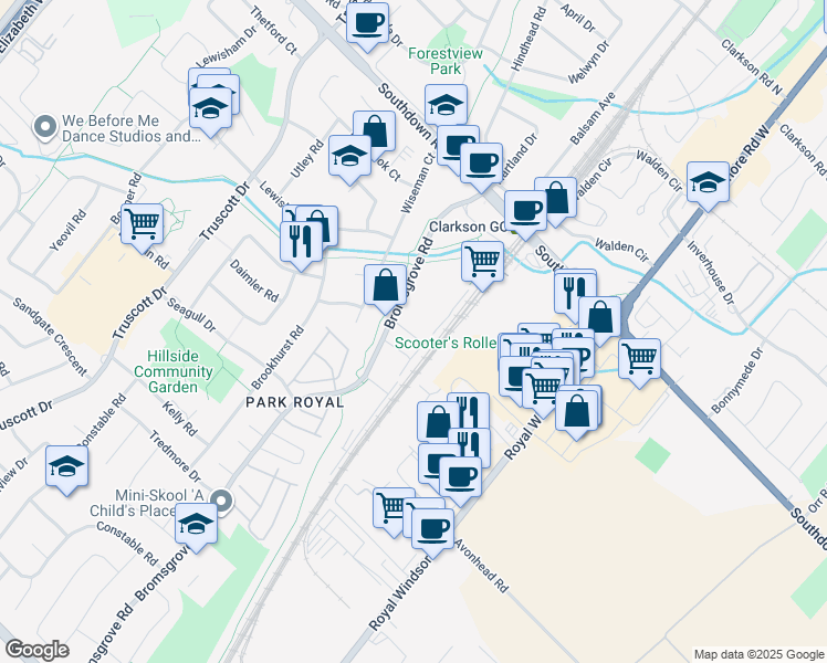 map of restaurants, bars, coffee shops, grocery stores, and more near 1145 Journeyman Lane in Mississauga