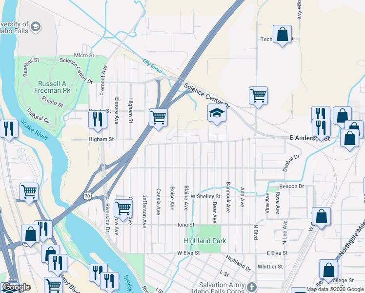 map of restaurants, bars, coffee shops, grocery stores, and more near 1286 Blaine Avenue in Idaho Falls