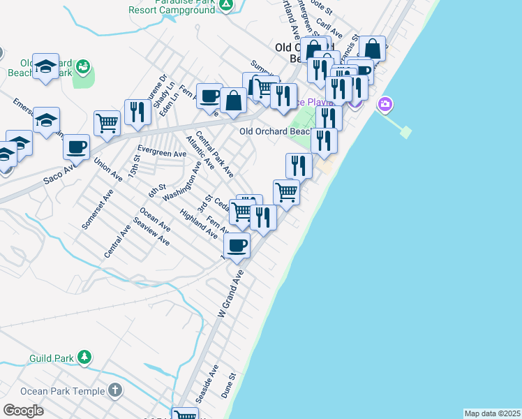 map of restaurants, bars, coffee shops, grocery stores, and more near 5 Central Park Avenue in Old Orchard Beach