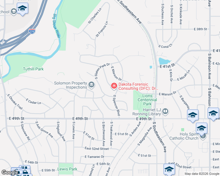 map of restaurants, bars, coffee shops, grocery stores, and more near 2433 E Stanton Dr in Sioux Falls