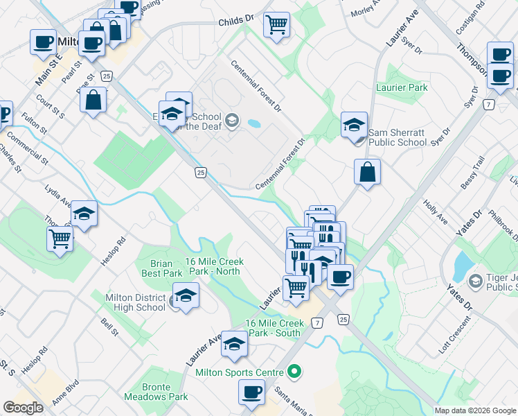 map of restaurants, bars, coffee shops, grocery stores, and more near 445 Ontario Street South in Milton