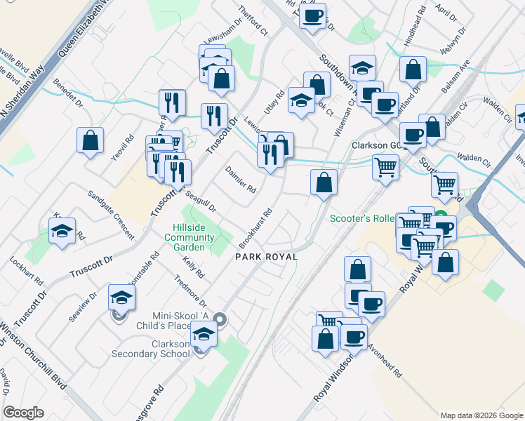 map of restaurants, bars, coffee shops, grocery stores, and more near 2355 Brookhurst Road in Mississauga