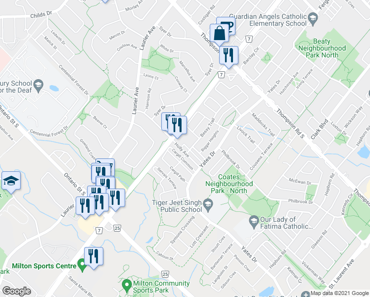 map of restaurants, bars, coffee shops, grocery stores, and more near 629 Holly Avenue in Milton