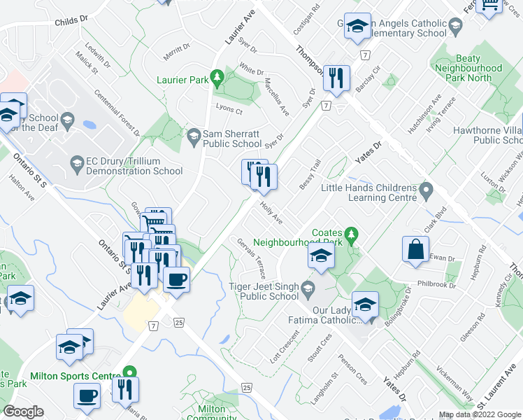 map of restaurants, bars, coffee shops, grocery stores, and more near 614 Holly Avenue in Milton
