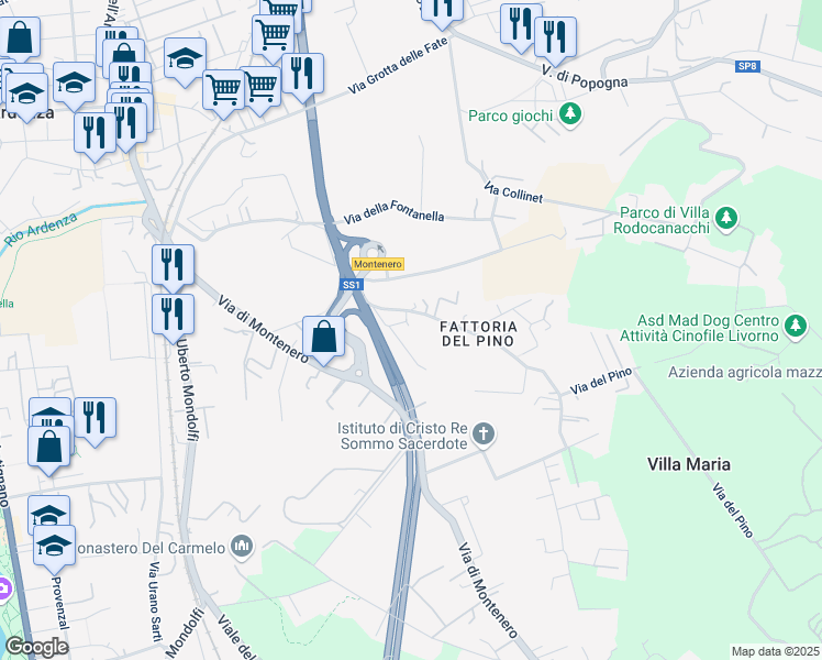 map of restaurants, bars, coffee shops, grocery stores, and more near 18 Via del Pino in Livorno