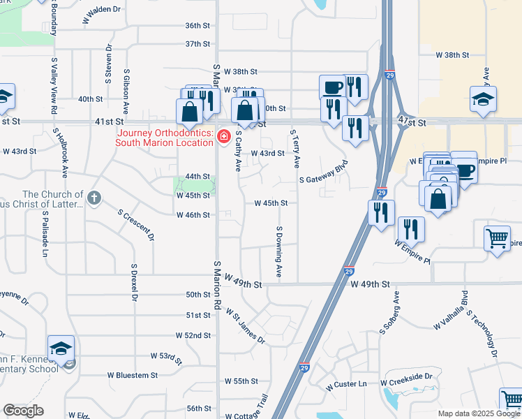 map of restaurants, bars, coffee shops, grocery stores, and more near 3901 South Downing Avenue in Sioux Falls