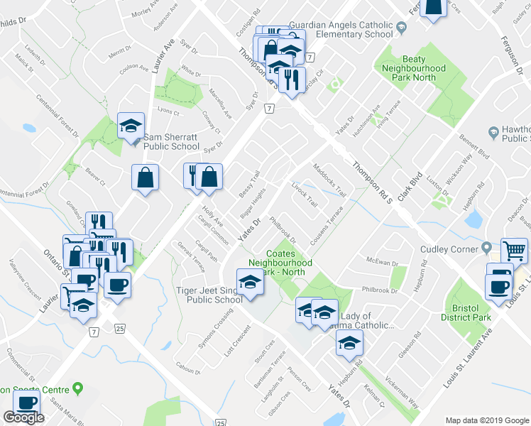map of restaurants, bars, coffee shops, grocery stores, and more near Yates Drive in Milton