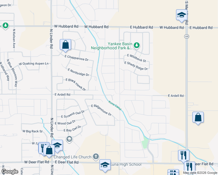 map of restaurants, bars, coffee shops, grocery stores, and more near 701 East Brush Creek Street in Kuna