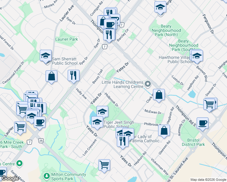 map of restaurants, bars, coffee shops, grocery stores, and more near 721 Switzer Crescent in Milton