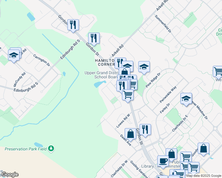 map of restaurants, bars, coffee shops, grocery stores, and more near 20 Revell Drive in Guelph