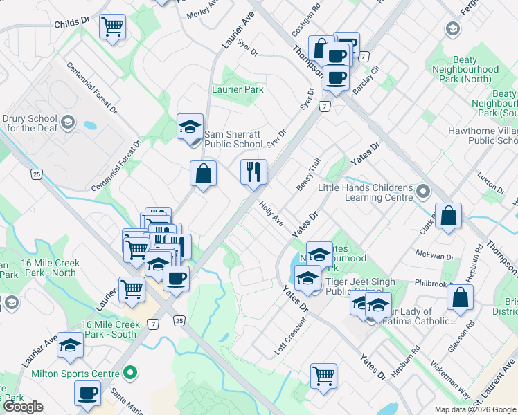 map of restaurants, bars, coffee shops, grocery stores, and more near 610 Holly Avenue in Milton