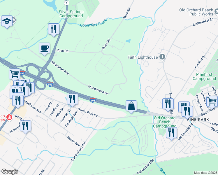 map of restaurants, bars, coffee shops, grocery stores, and more near 50 Woodman Avenue in Saco