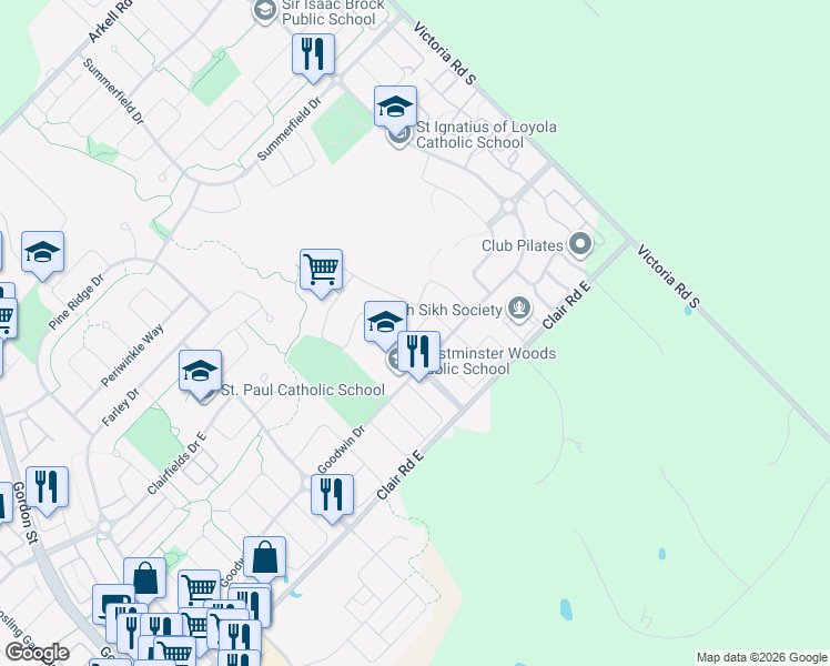 map of restaurants, bars, coffee shops, grocery stores, and more near Duck Lane in Guelph
