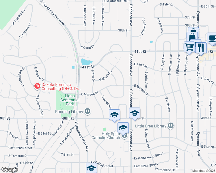 map of restaurants, bars, coffee shops, grocery stores, and more near East Marson Drive in Sioux Falls