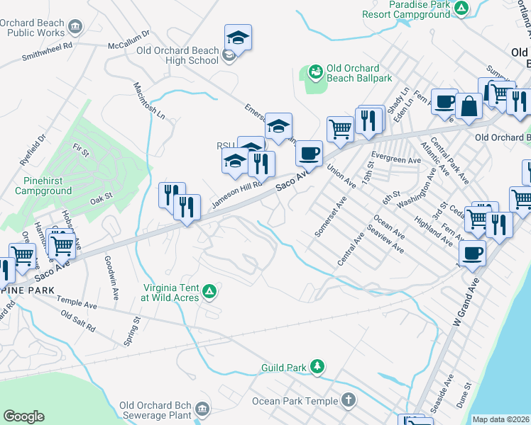 map of restaurants, bars, coffee shops, grocery stores, and more near 169 Saco Avenue in Old Orchard Beach