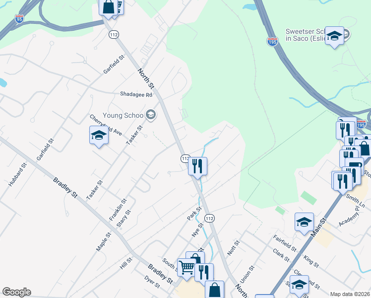 map of restaurants, bars, coffee shops, grocery stores, and more near 243 North Street in Saco