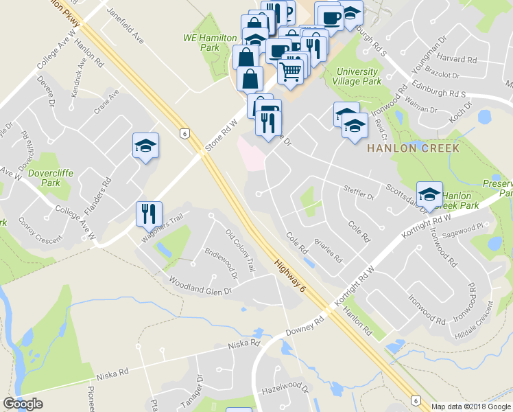 map of restaurants, bars, coffee shops, grocery stores, and more near Hanlon Road in Guelph