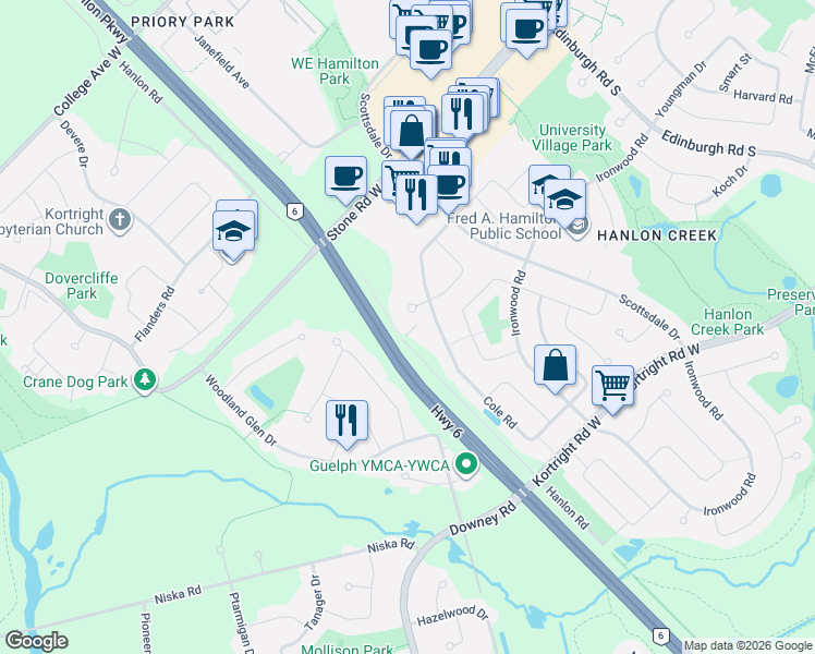 map of restaurants, bars, coffee shops, grocery stores, and more near 8 Christopher Court in Guelph