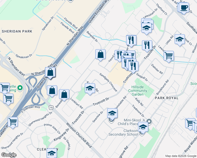 map of restaurants, bars, coffee shops, grocery stores, and more near 2589 Lundigan Drive in Mississauga