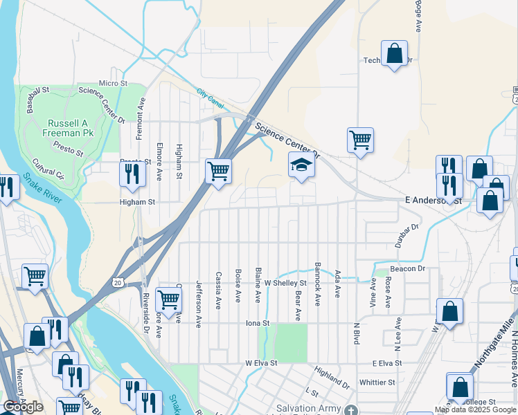 map of restaurants, bars, coffee shops, grocery stores, and more near 1286 Blaine Avenue in Idaho Falls