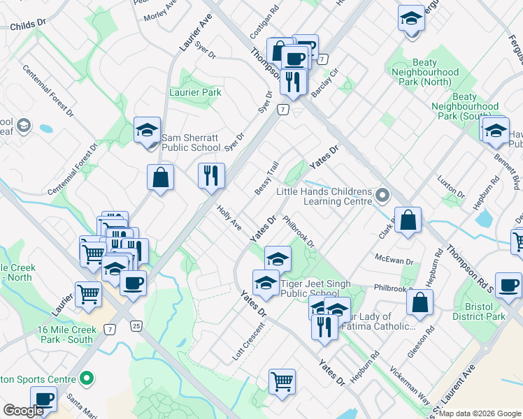 map of restaurants, bars, coffee shops, grocery stores, and more near Biggar Heights in Milton
