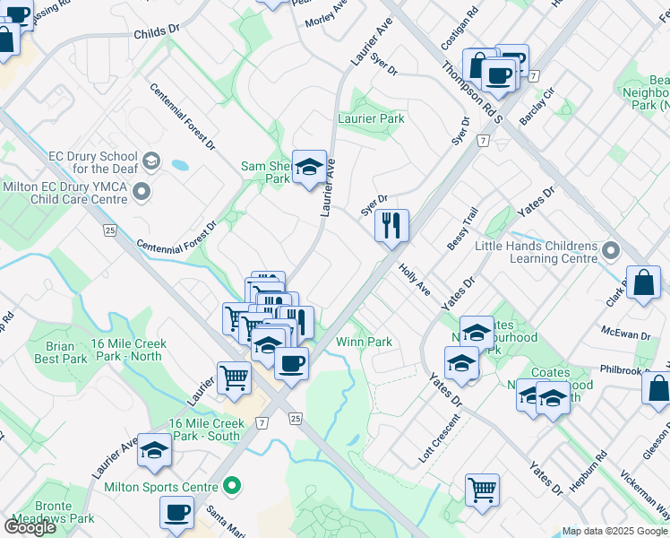 map of restaurants, bars, coffee shops, grocery stores, and more near 531 Moorelands Crescent in Milton
