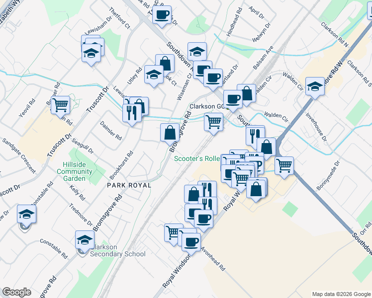 map of restaurants, bars, coffee shops, grocery stores, and more near in Mississauga
