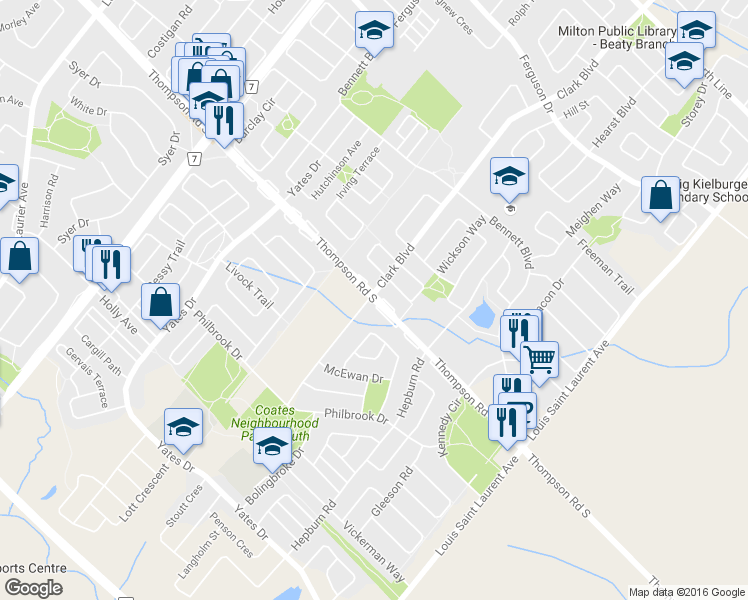 map of restaurants, bars, coffee shops, grocery stores, and more near 870 Thompson Road South in Milton