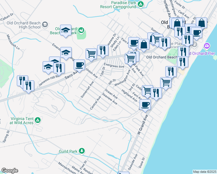 map of restaurants, bars, coffee shops, grocery stores, and more near 64 Seaview Avenue in Old Orchard Beach