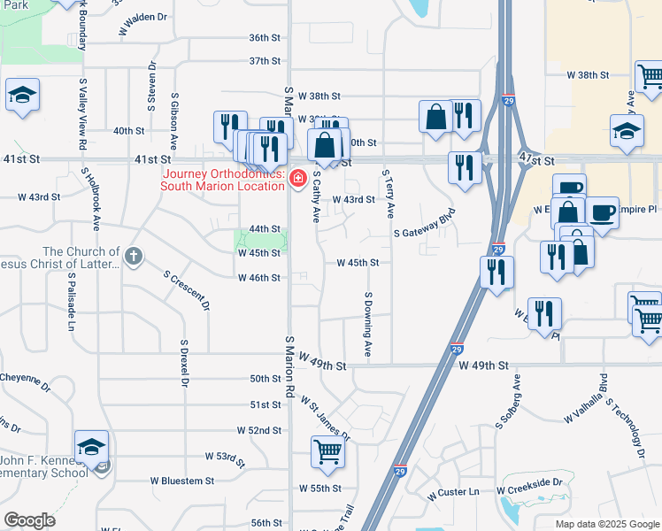 map of restaurants, bars, coffee shops, grocery stores, and more near in Sioux Falls